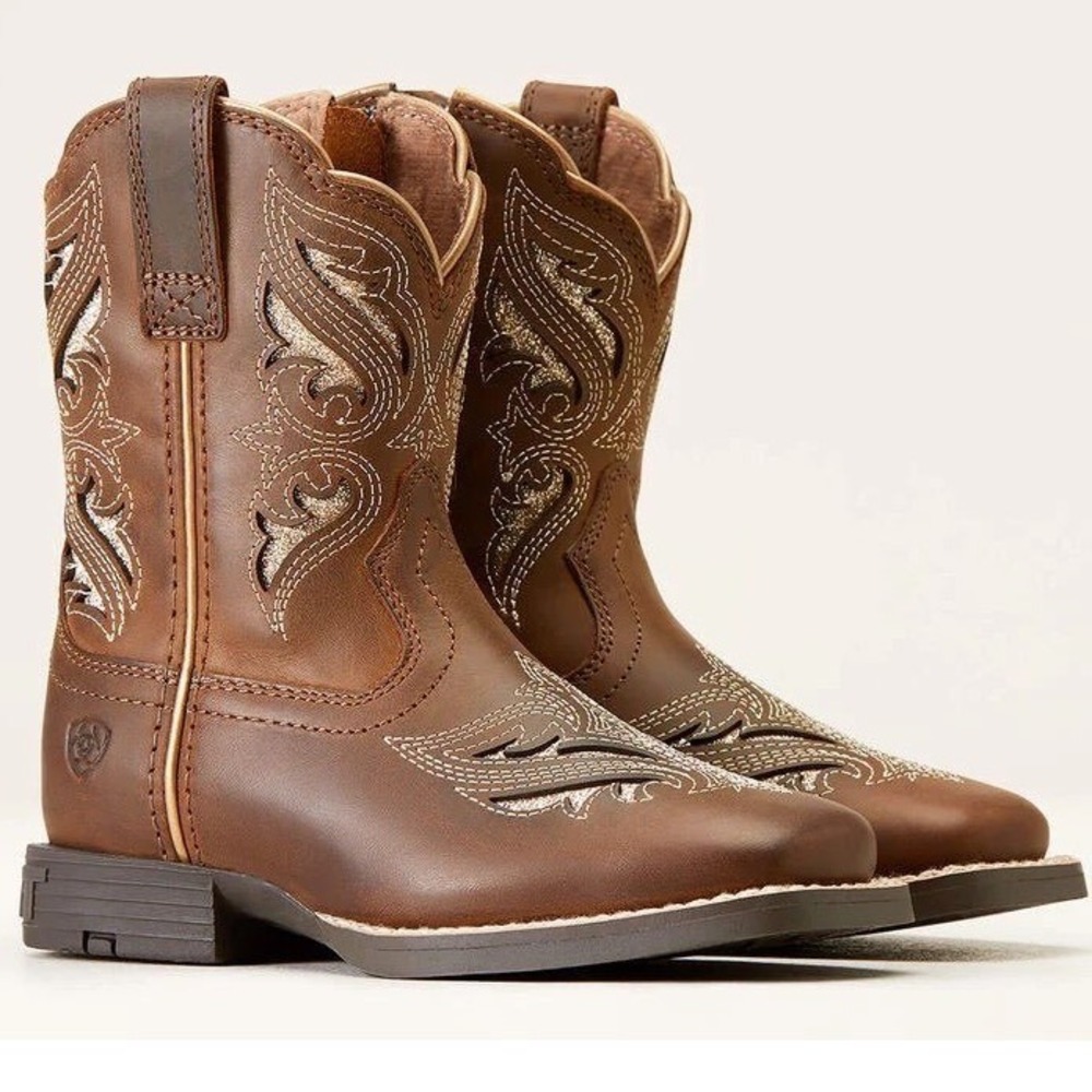 Ariat Youth Girls Square Toe Western Boots Brown Gold Glitter Coastal Cowgirl